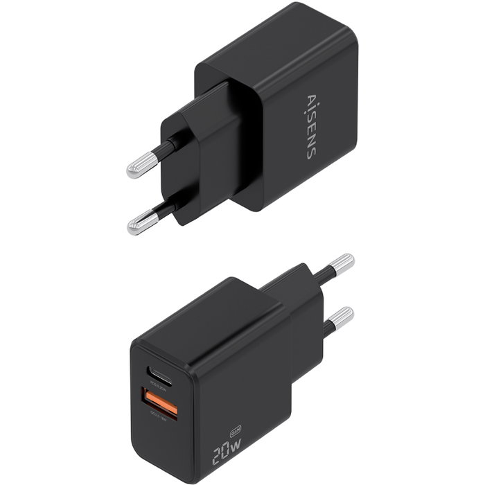 Aisens Cargador de Pared GaN 20W con Cable USB-C, Negro ASCH-20W2P084-BK
